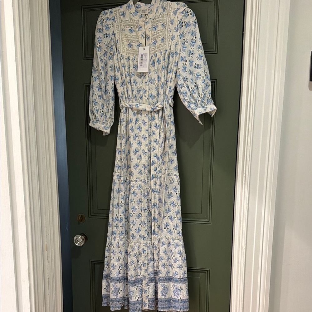 Floral Lace Yoke Midi Dress in Cream and Blue - Picture 2 of 3